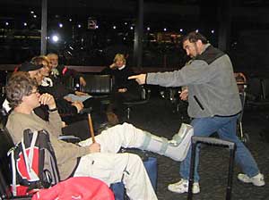 Emilio Trampuz playing Charades at San Francisco airport.